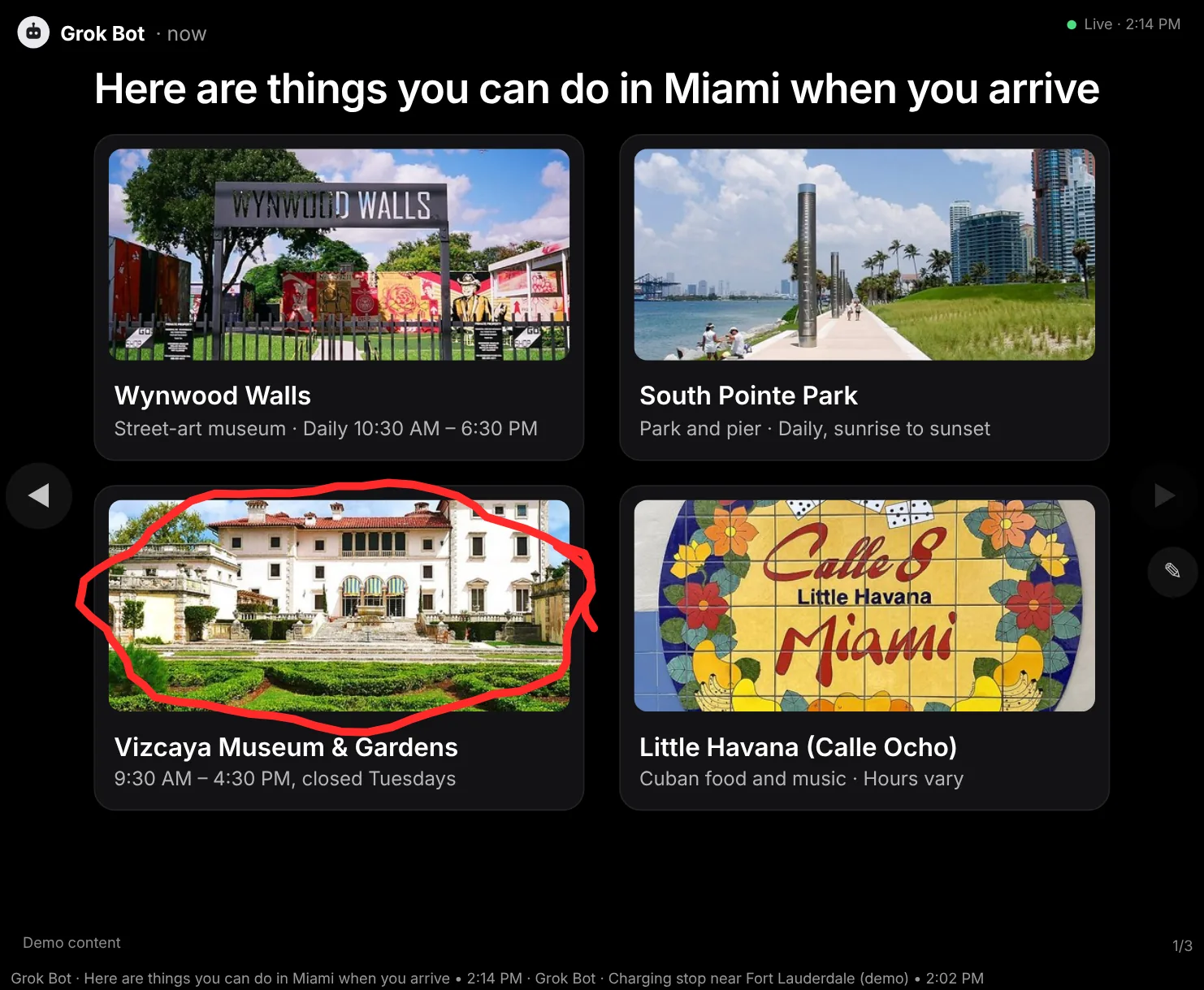 Demo board from Grok Bot: things to do in Miami, with photos and opening hours for Wynwood Walls, South Pointe Park, Vizcaya Museum and Gardens and Little Havana; the Vizcaya photo is circled in red