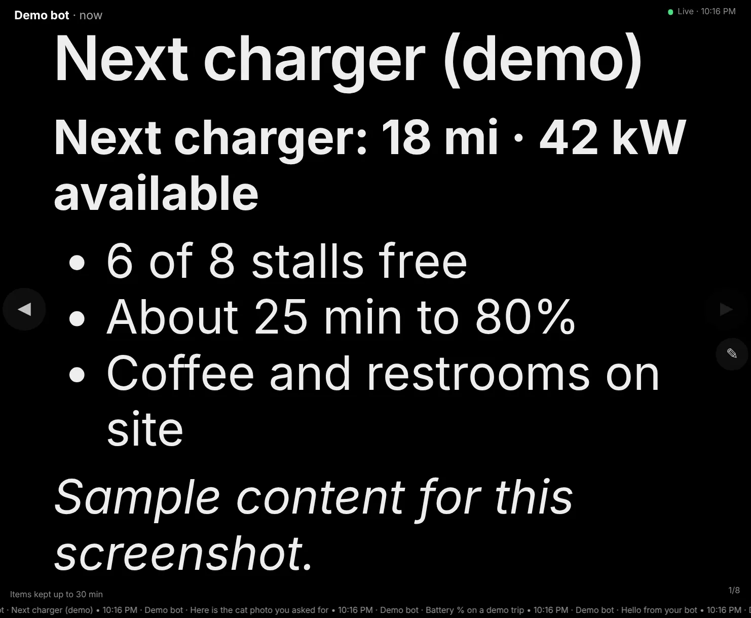 Real BotCanvas board screenshot: a demo note, Next charger 18 mi, 42 kW available